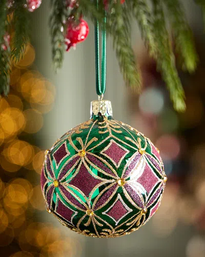 Exclusive Geometric Glitter On Shiny Dark Green Ball Christmas Ornament In Multi