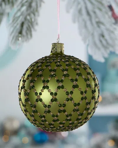 Exclusive Glittery Diamond Lattice On Matte Green Ball Christmas Ornament In Gold