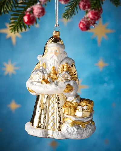 Exclusive Santa With Little Houses Glass Ornament In Gold
