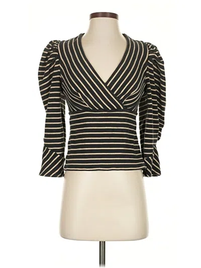Pre-owned Express 3/4 Sleeve Top Black Stripes Pattern Plunge Neckline Tops