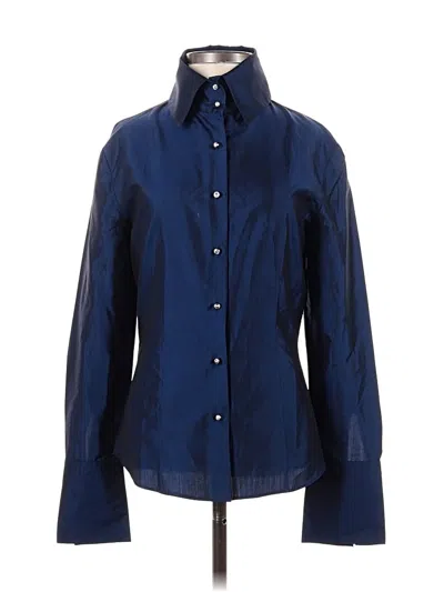 Pre-owned Express Long Sleeve Silk Top Blue Collared Neckline Tops