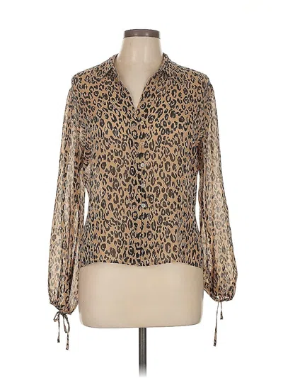 Pre-owned Express Long Sleeve Silk Top Brown Animal Print Pattern Tie Neck Tops