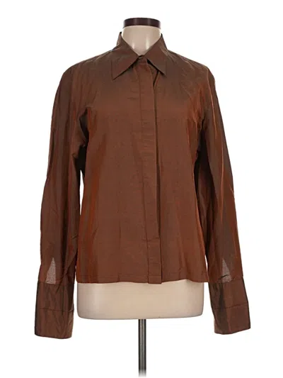 Pre-owned Express Long Sleeve Silk Top Brown Collared Neckline Tops