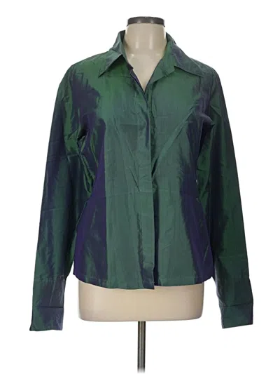 Pre-owned Express Long Sleeve Silk Top Green Color Block Pattern Collared Neckline Tops