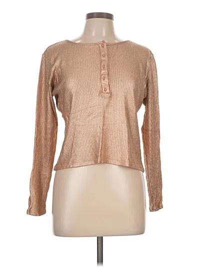 Pre-owned Express Long Sleeve Top Tan Metallic Pattern Keyhole Neckline Tops