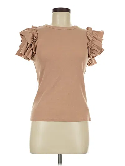 Pre-owned Express Short Sleeve Top Tan Ruffles Neckline Tops In Brown