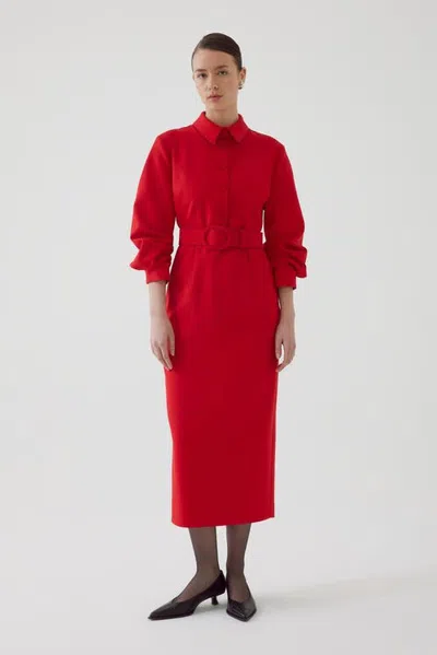 Exquise Adler Lantern Sleeve Midi Shirt Dress In Red