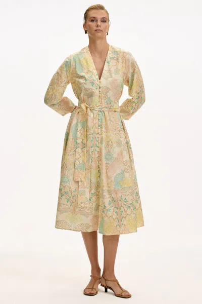 Exquise Afrodille Floral V-neck Long Sleeve Midi Dress In Blue