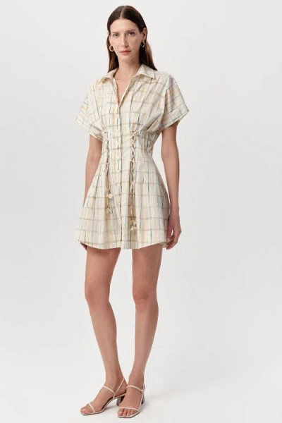 Exquise Alberge Short Sleeve Tie Waist Plaid Mini Dress In Neutral