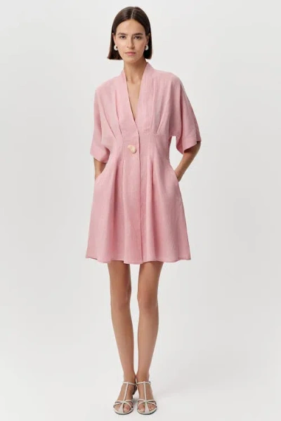 Exquise Alita V Neck Short Sleeve Linen Mini Dress In Pink