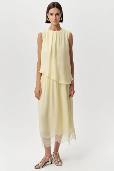 Exquise Alix Crew Neck Lace Hem Midi Dress In Yellow