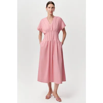 Exquise Amaud Short Sleeve V Neck Midi Dress In Pink