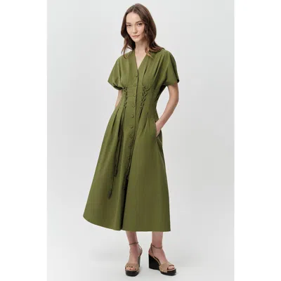 Exquise Andree V Neck Tie Waist Pocket Midi Dress In Green