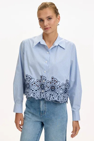 Exquise Apollina Embroidered Long Sleeve Crop Shirt In Blue