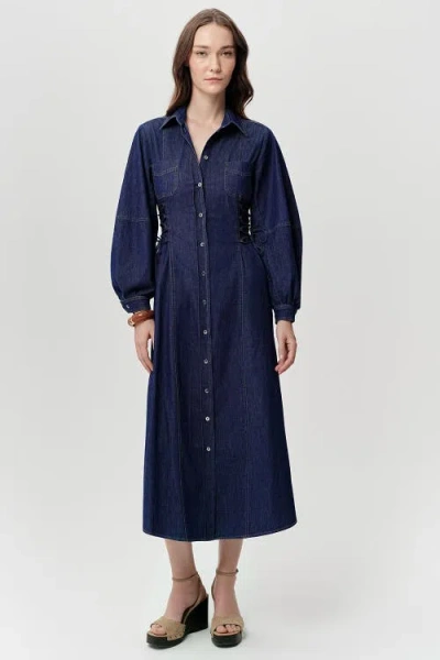 Exquise Arnaude Side Tie Long Sleeve Midi Dress In Blue
