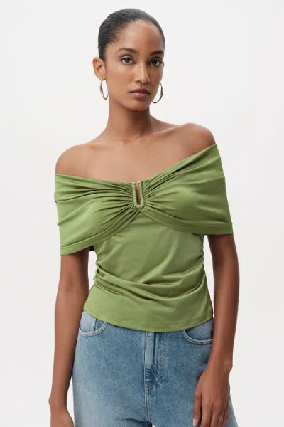 Exquise Artus Off Shoulder Metal Buckle Knit Blouse In Green