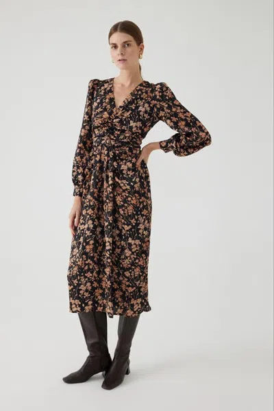Exquise Arwen Floral Print V Neck Waist Fit Midi Dress In Multi