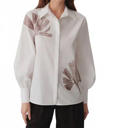 Exquise Ayla Cotton Shirt With Floral Stitch Detailing In Bone In White