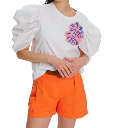 Exquise Balloon Sleeve Crew Neck Embroidered Cotton T-shirt In White