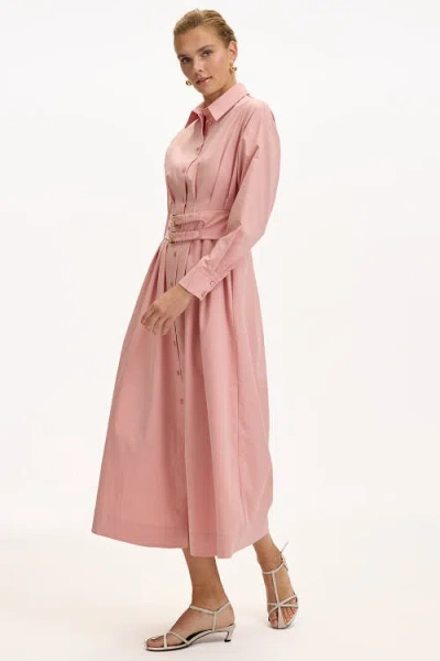 Exquise Belted Fitted Waist Midi Shirt Dress In Pink