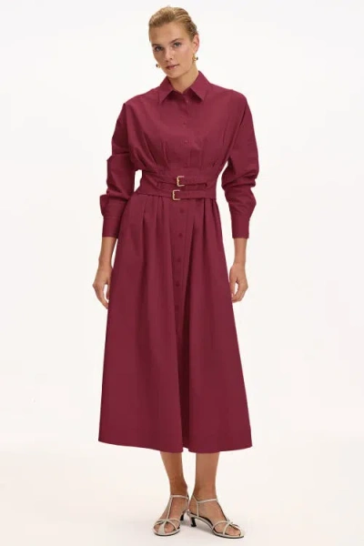 Exquise Belted Fitted Waist Midi Shirt Dress In Red
