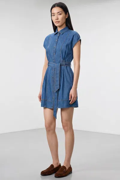 Exquise Belted Short Sleeve Denim Mini Dress With Pockets In Blue