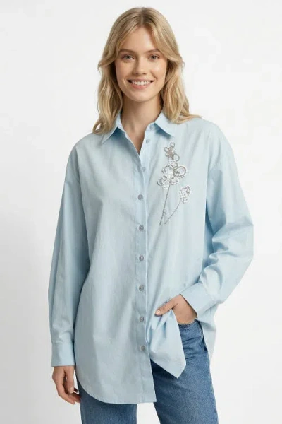 Exquise Bernetta Shirt Collar Long Sleeve Embroidered Shirt In Blue