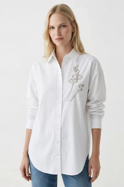 Exquise Bernetta Shirt Collar Long Sleeve Embroidered Shirt In White