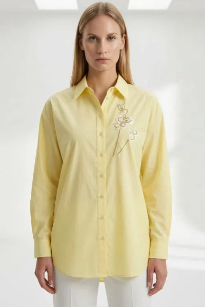 Exquise Bernetta Shirt Collar Long Sleeve Embroidered Shirt In Yellow