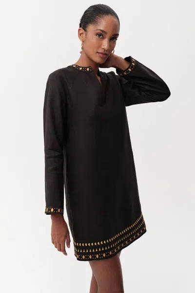 Exquise Bernice Tie Neck Long Sleeve Linen Mini Dress In Black