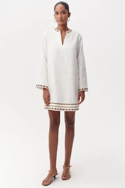 Exquise Bernice Tie Neck Long Sleeve Linen Mini Dress In White