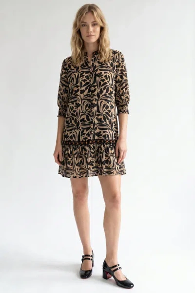 Exquise Bettine Embroidered Crew Neck Mini Dress In Brown