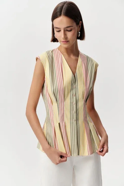 Exquise Biana V Neck Sleeveless Pleated Waist Shirt In Multi