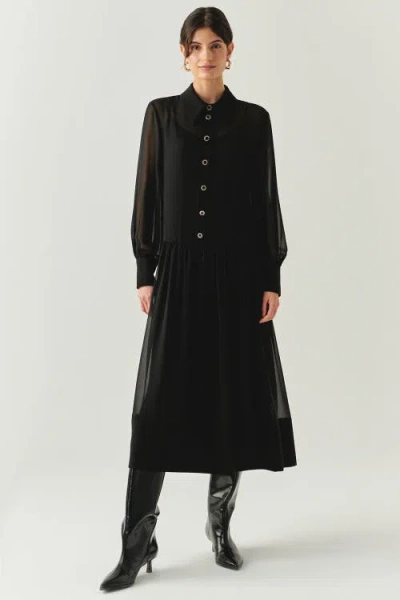 Exquise Birdie Shirt Collar Long Sleeve Dress In Black