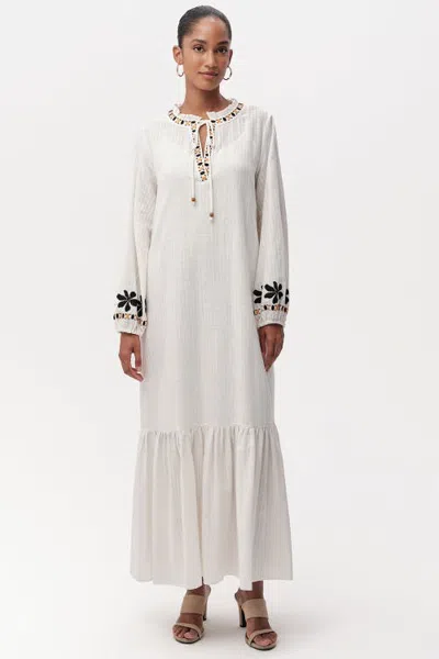 Exquise Birke Embroidered Tie Neck Long Sleeve Midi Dress In Blue