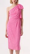 Exquise Bow Detailed One Shoulder Patterned Midi Dress In Original Print In Pink