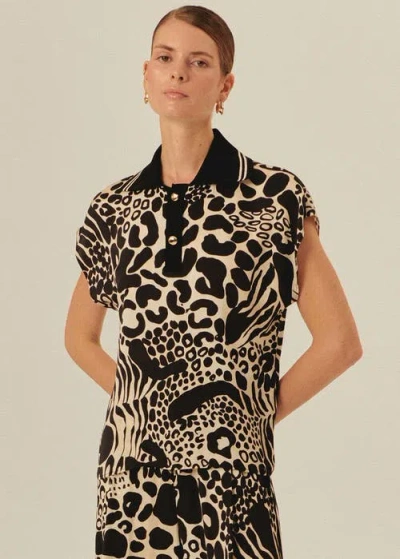 Exquise Brinley Abstract Print Sleeveless Shirt Collar Blouse In Black