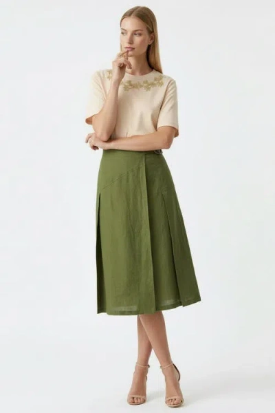 Exquise Burnice Buckle Detail Linen Midi Skirt In Green