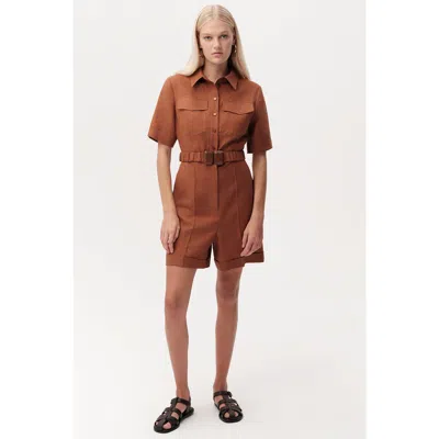 Exquise Carole Shirt Collar Belted Linen Jumpsuit In Brown