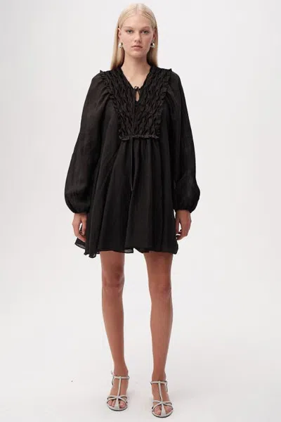 Exquise Chaney Long Sleeve Linen Mini Dress In Black