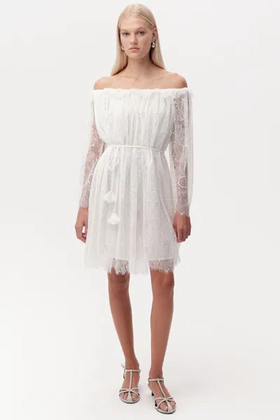 Exquise Cherita Off-shoulder Lace Sleeve Knit Mini Dress In Neutral