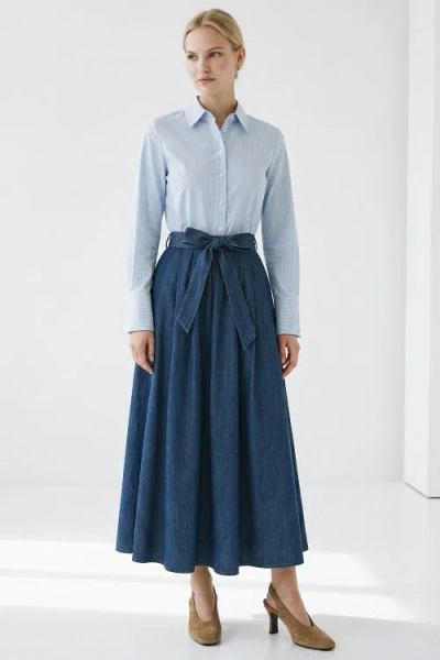 Exquise Cherrelle Long Sleeve Belted Denim Midi Dress In Blue