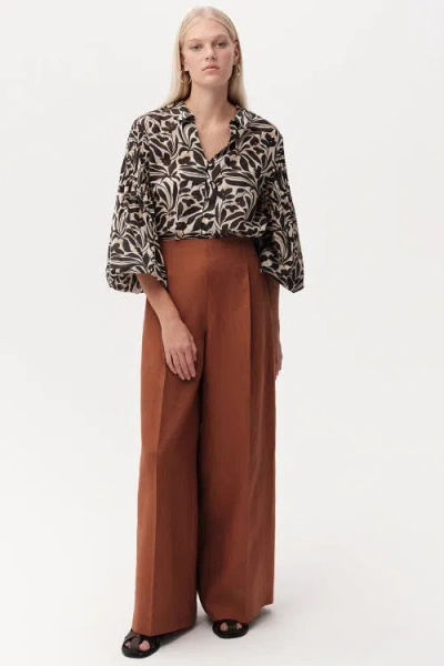Exquise Clarette Wide Leg Linen Trousers In Brown