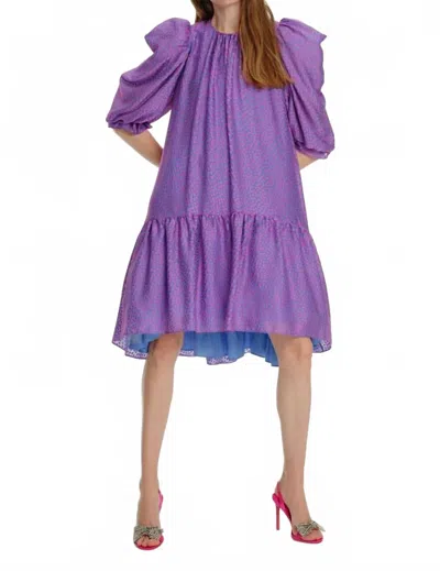 Exquise Crew Neck Gathered Detail Patterned Chiffon Dress In Original Print In Purple