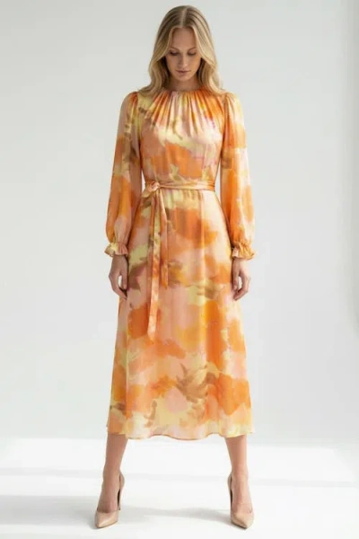 Exquise Crew Neck Long Sleeve Relaxed Fit Printed Dress In Multi