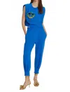 Exquise Crew Neck Shoulder Padded Knitted Blouse With Jogger Set In Blue In Blue