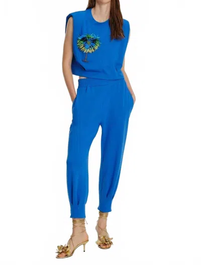 Exquise Crew Neck Shoulder Padded Knitted Blouse With Jogger Set In Blue