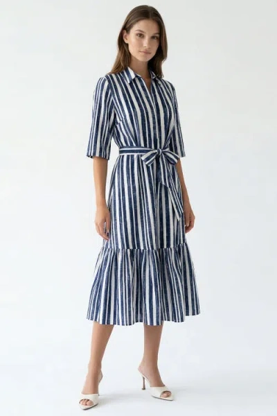 Exquise Darcio Shirt Collar Short Sleeve Belted Midi Dress In Multi