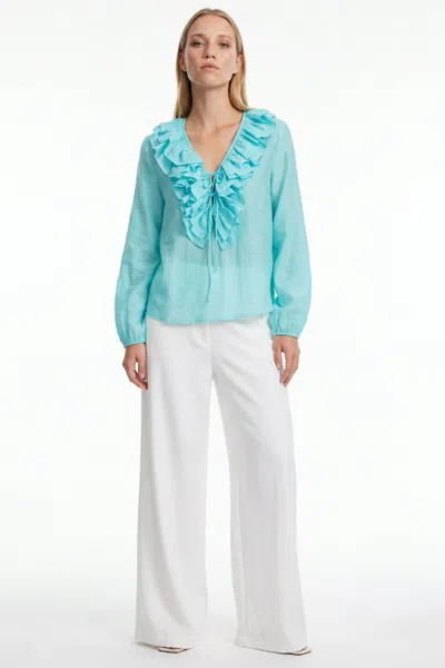 Exquise Decorative Stitch Blouse With Tie Neck In Green