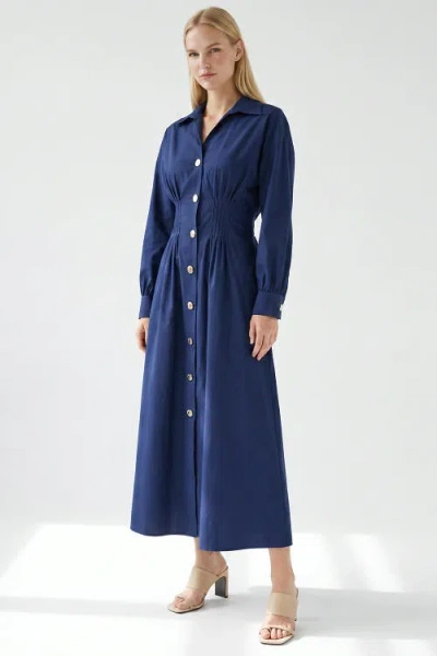 Exquise Delray Long Sleeve Buttoned Midi Dress In Blue